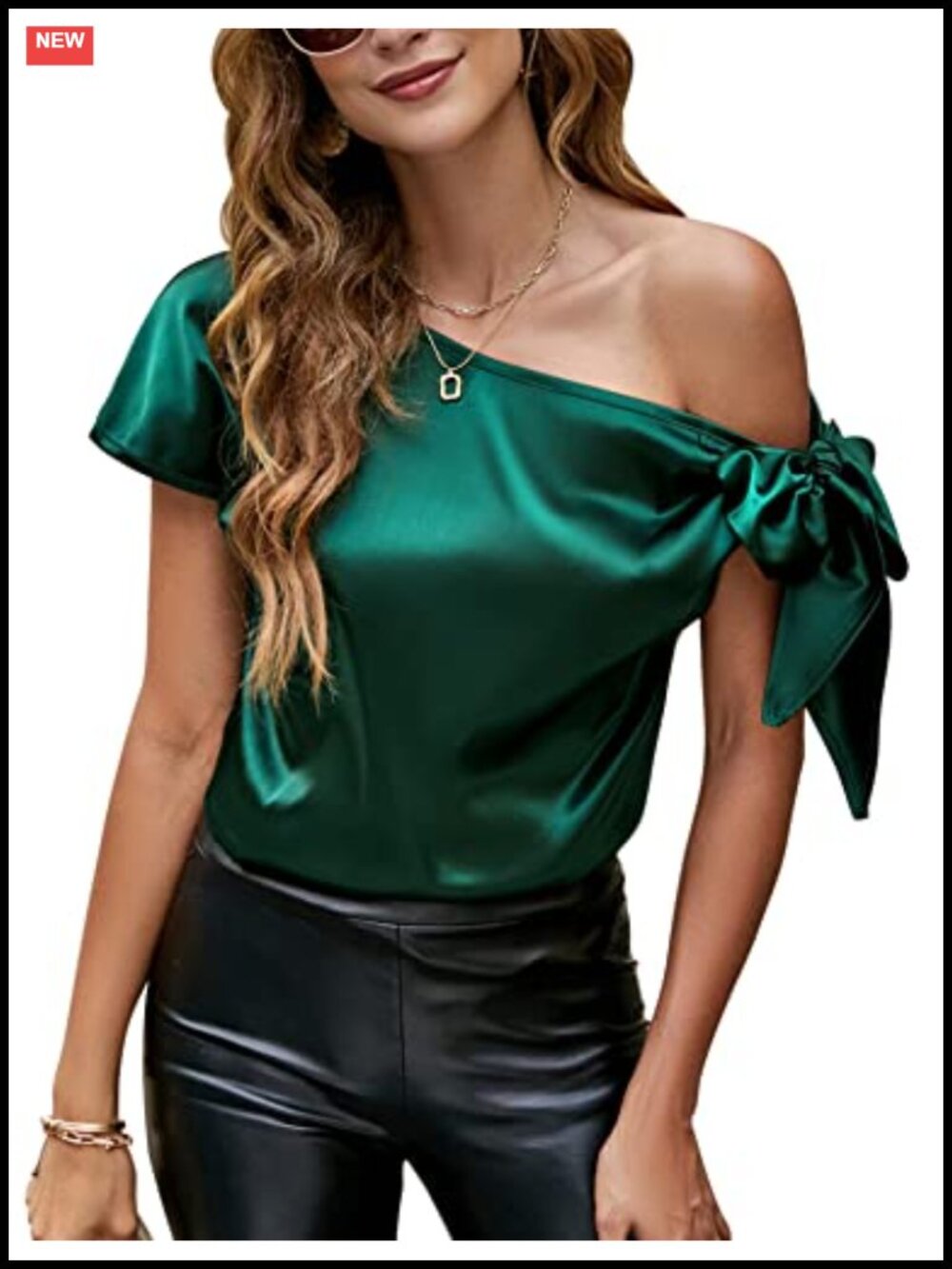 Satin Off Shoulder Blouse Short Sleeve Asymmetrical Neck Top